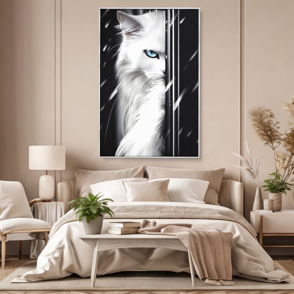 Tablou canvas cu tablou canvas cu pisica alba si ochi albastri, in rama de aluminiu argintiu, pe perete intr-un dormitor